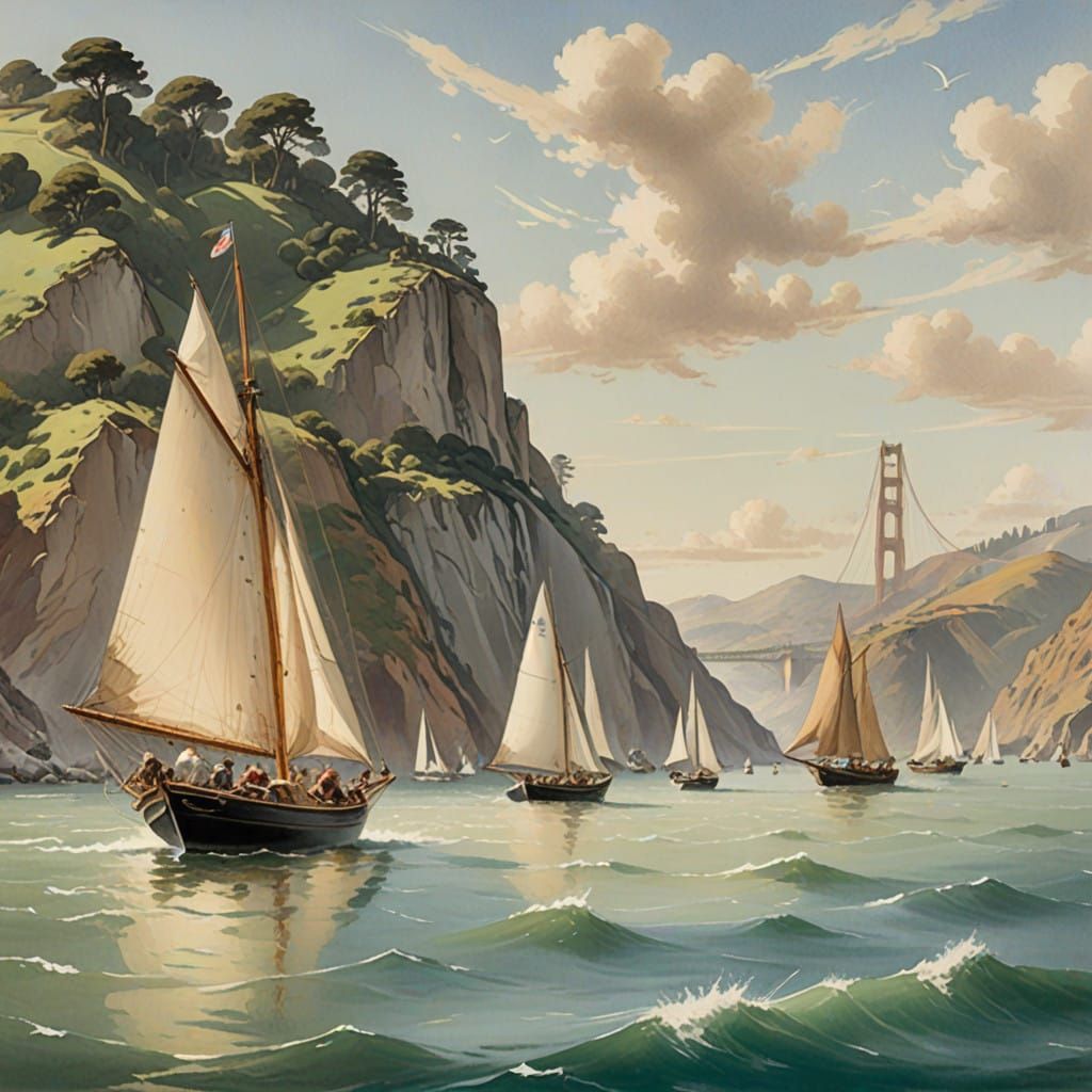 Sailboats on San Francisco Bay in Whimsical Watercolor Style
