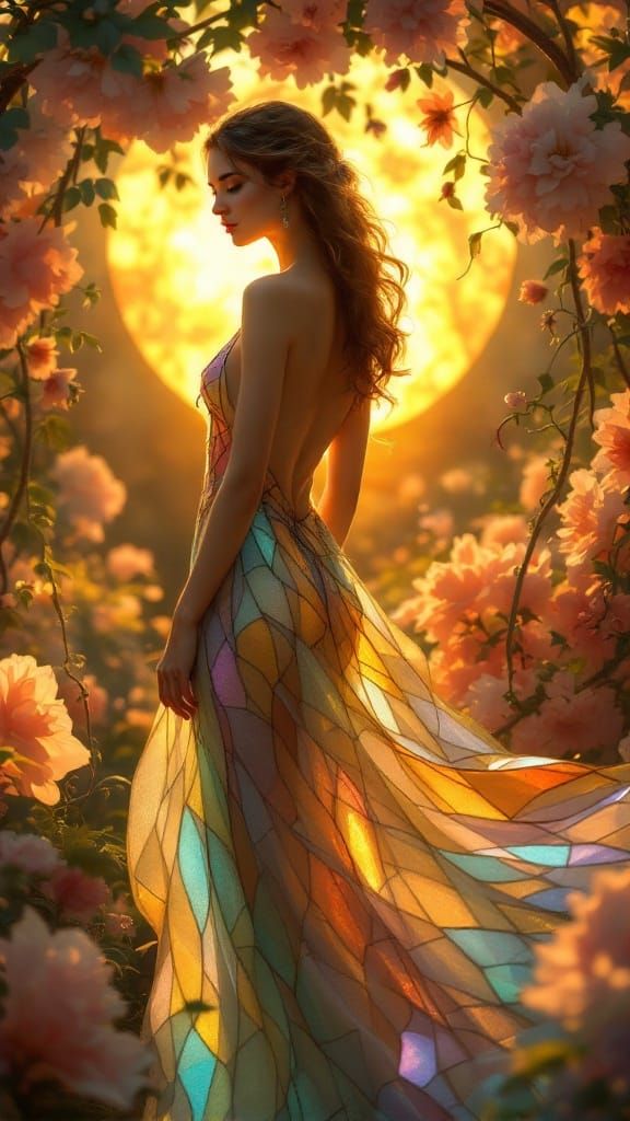 Glowing Stained-Glass Portrait in Sunset Bloom