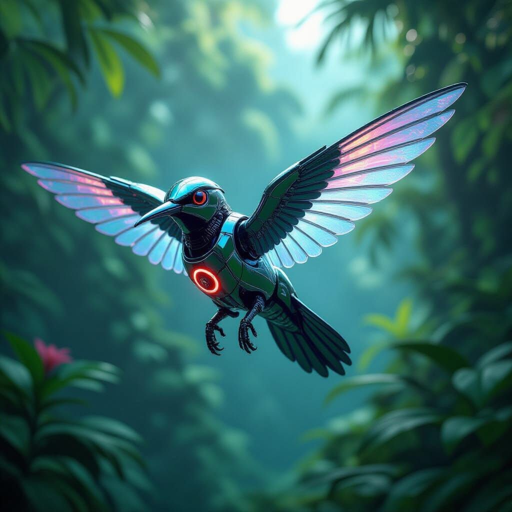 Colossal Chrome Robot Hummingbird in Alien Jungle