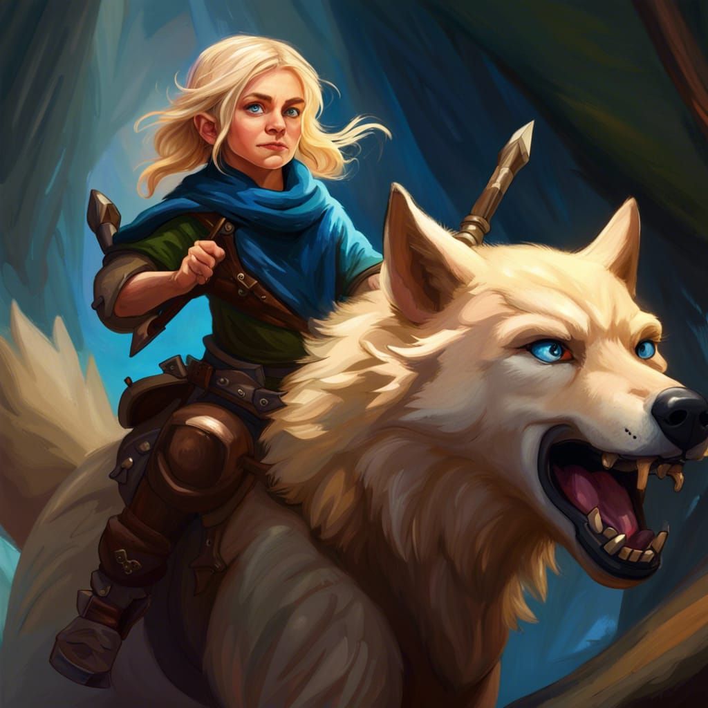 Blonde Halfling Ranger Riding a Wolf