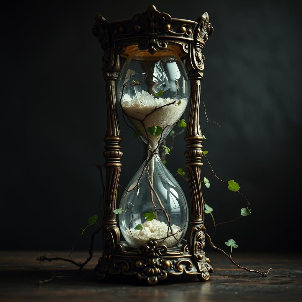 Shattered Hourglass Overgrown with Vines in Cinematic Style