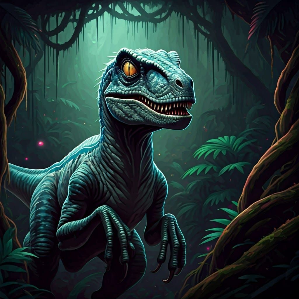 Bioluminescent Velociraptor in Retrofuturist Jungle