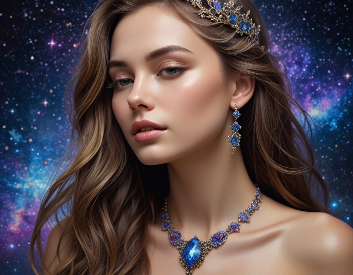 Woman's Radiant Portrait in Iridescent Gold and Stardust