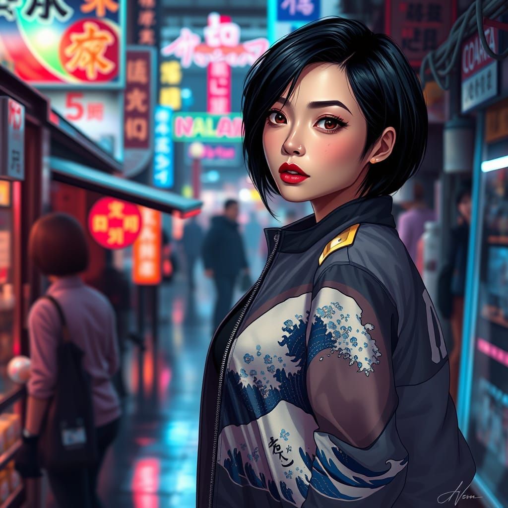 Cyberpunk Woman in Market with Great Wave Jacket