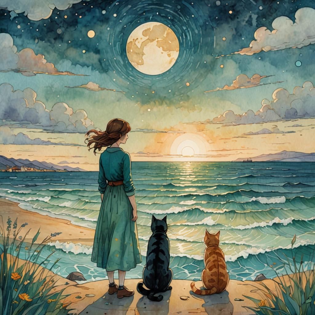 Whimsical Watercolor Painting of Couple and Cat