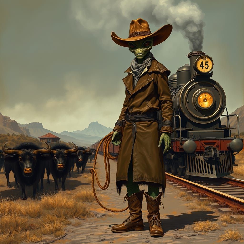 Alien Cowboy with Buffalo and Steam Train