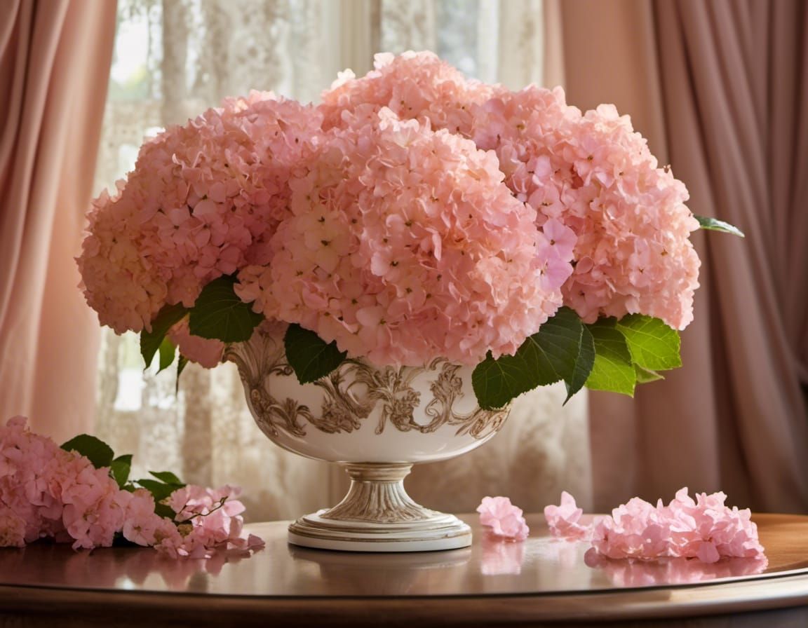 <lora:Flowers by Znarf:1.0> Pink and peach hydrangeas in a white vase on a table in a pink room. intricate details, HDR,...
