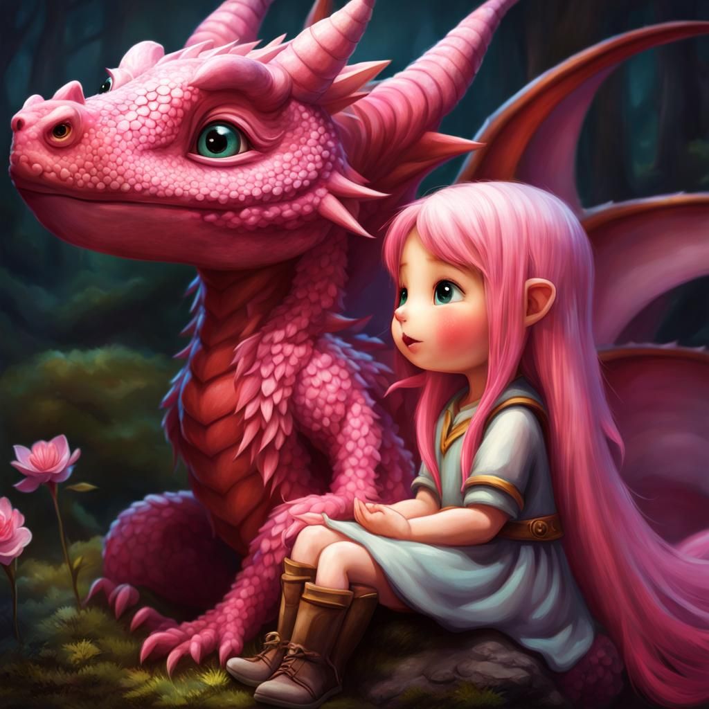Chibi Pink Dragon and Girl: Whimsical Concept Art