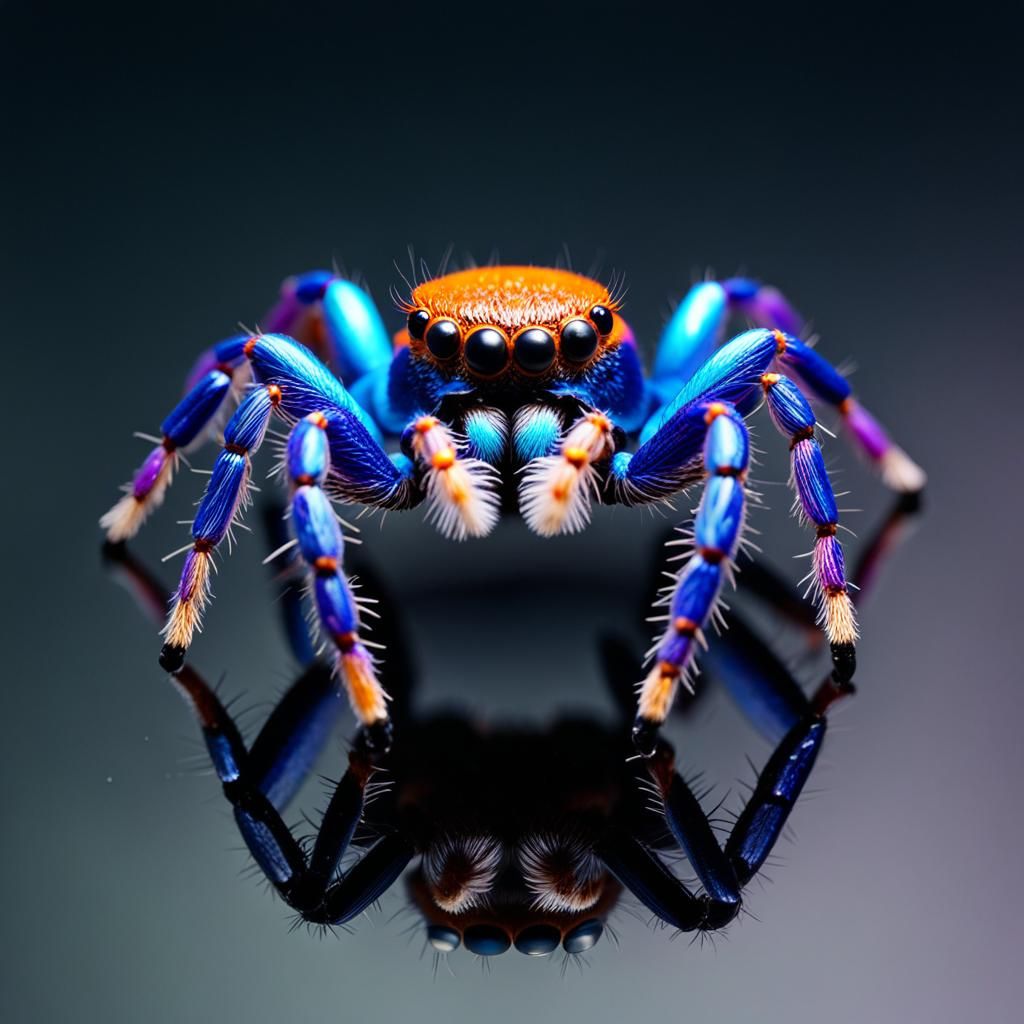 Polymer Clay Jumping Spider on Mirror in 3D