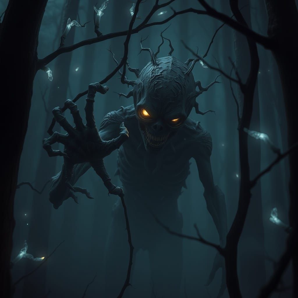 Uncanny Horror Figure in Dark Forest