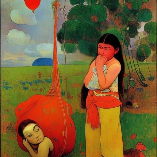 Girl Crying Over Lost Balloon: Impressionistic Style