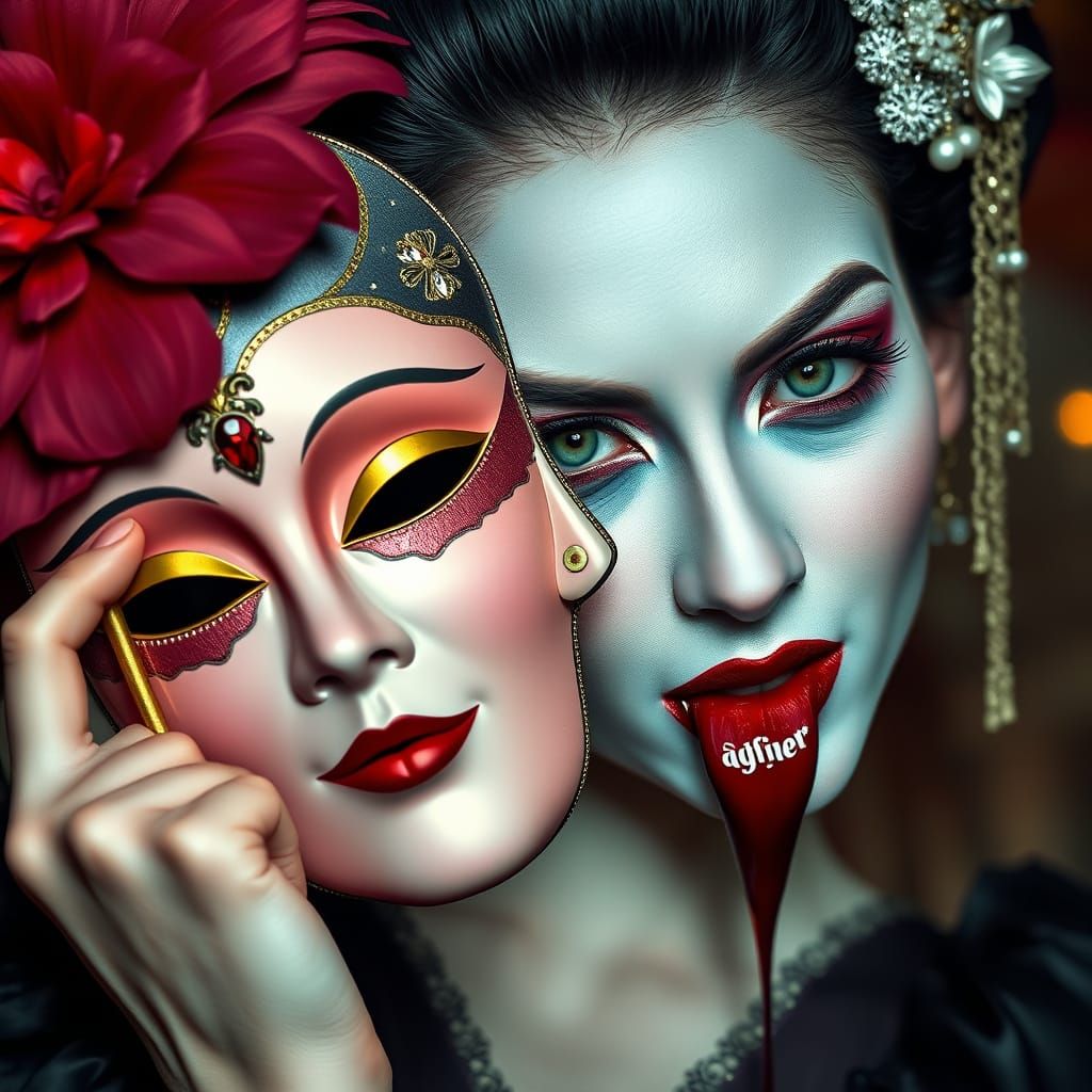 Geisha Vampire with Mardi Gras Mask at Costume Ball