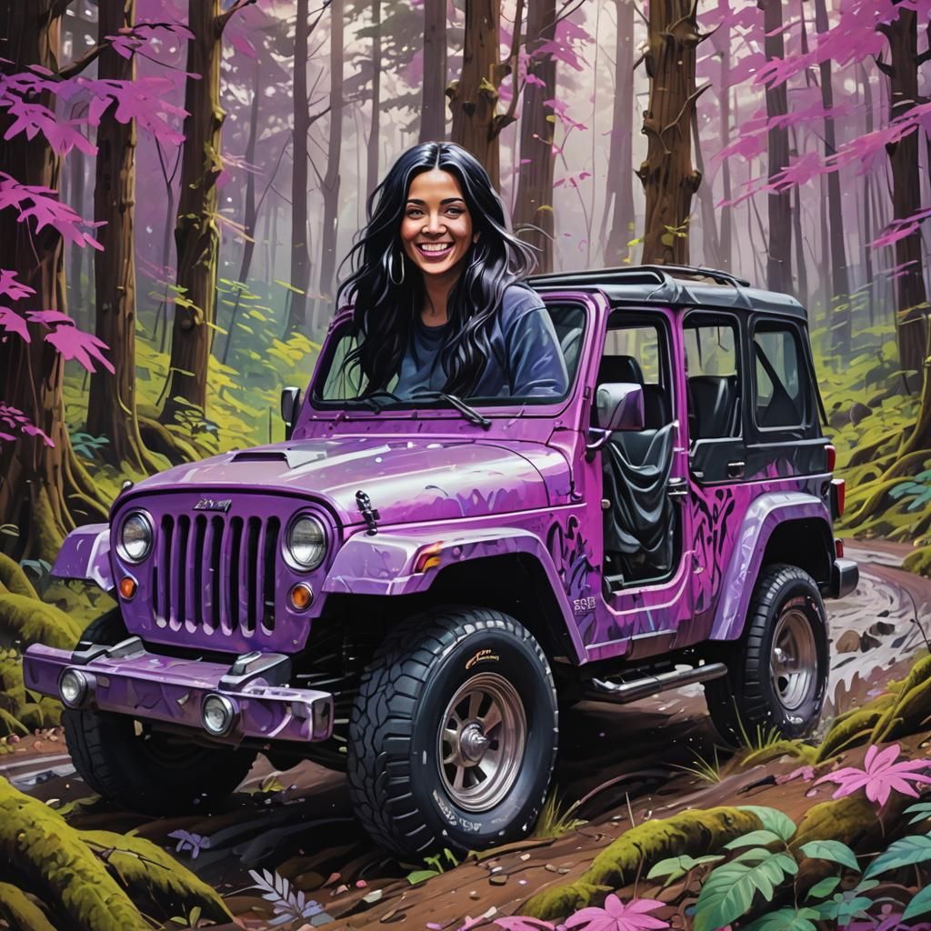 Woman Driving Pink Jeep in Graffiti Art Style