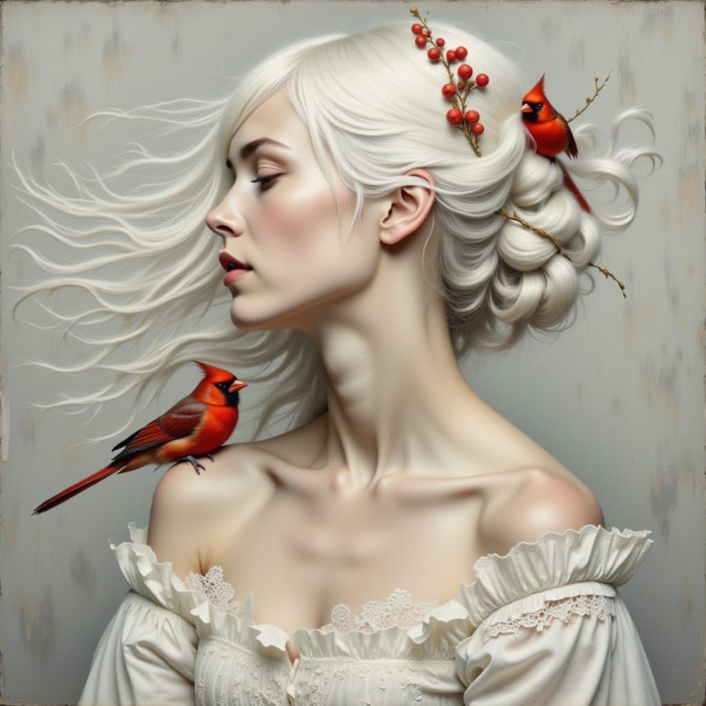 Ethereal Portrait of Woman with Platinum Hair and Red Cardin...