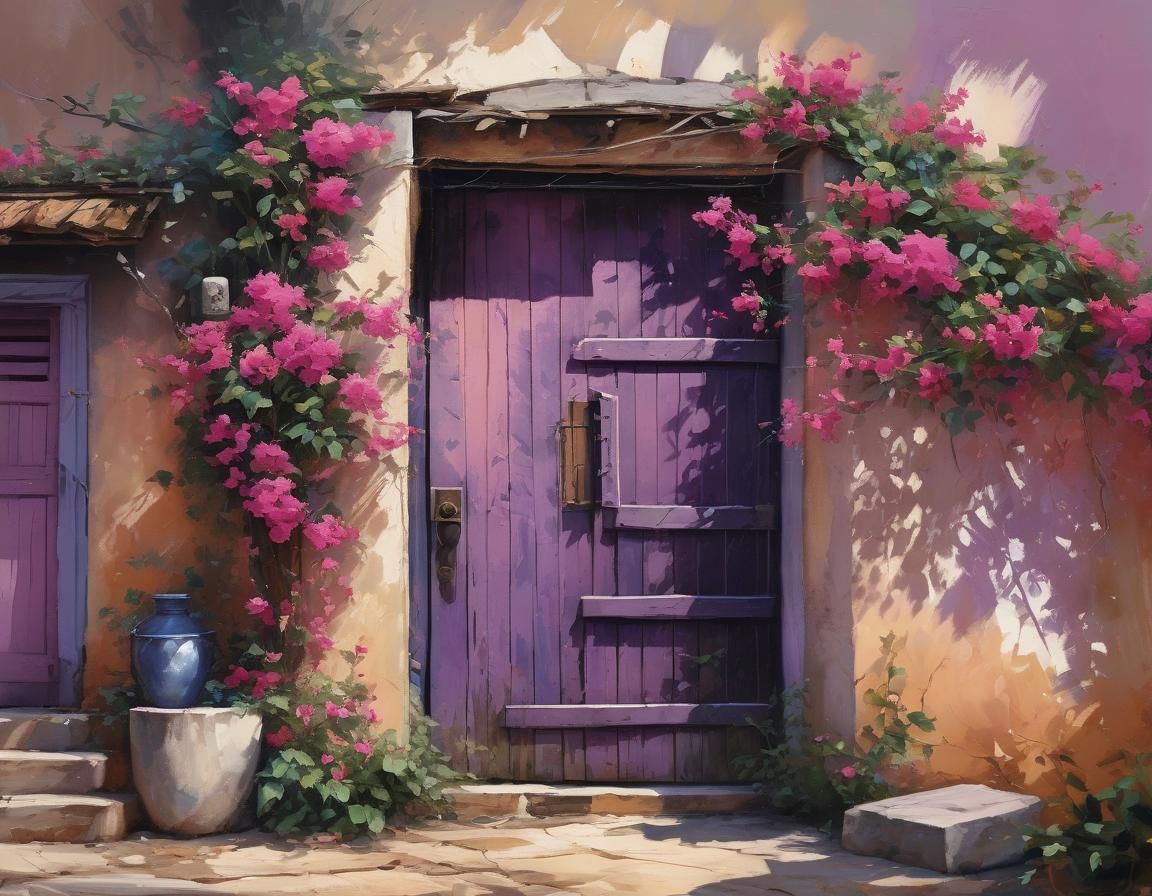 Village Door with Bougainvillea in Gouache Style