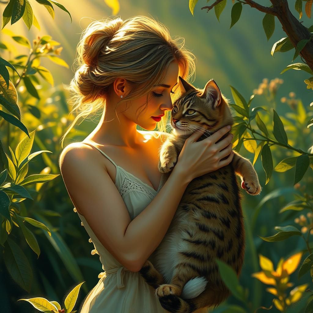 Woman Shares Secret With Cat in Magical Realism Style