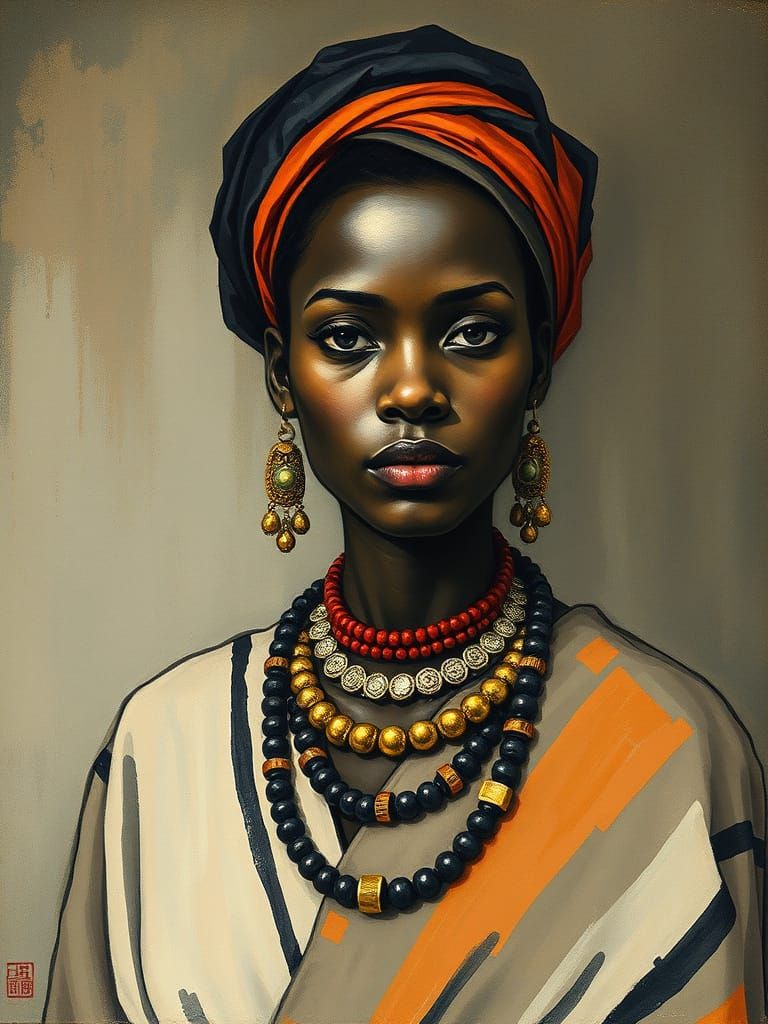 African Pin-Up Woman in Sumi-e Style