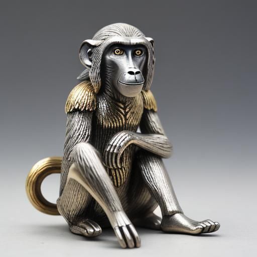 Whimsical Baboon Figure in Pewter and Gold