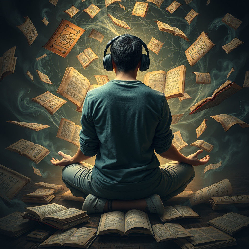 Man in Lotus Position Connected to Knowledge Vortex