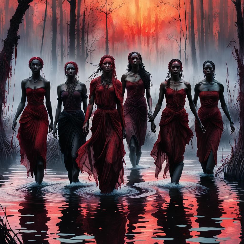 Ethereal Figures Dancing in Haunted Swamp at Dawn