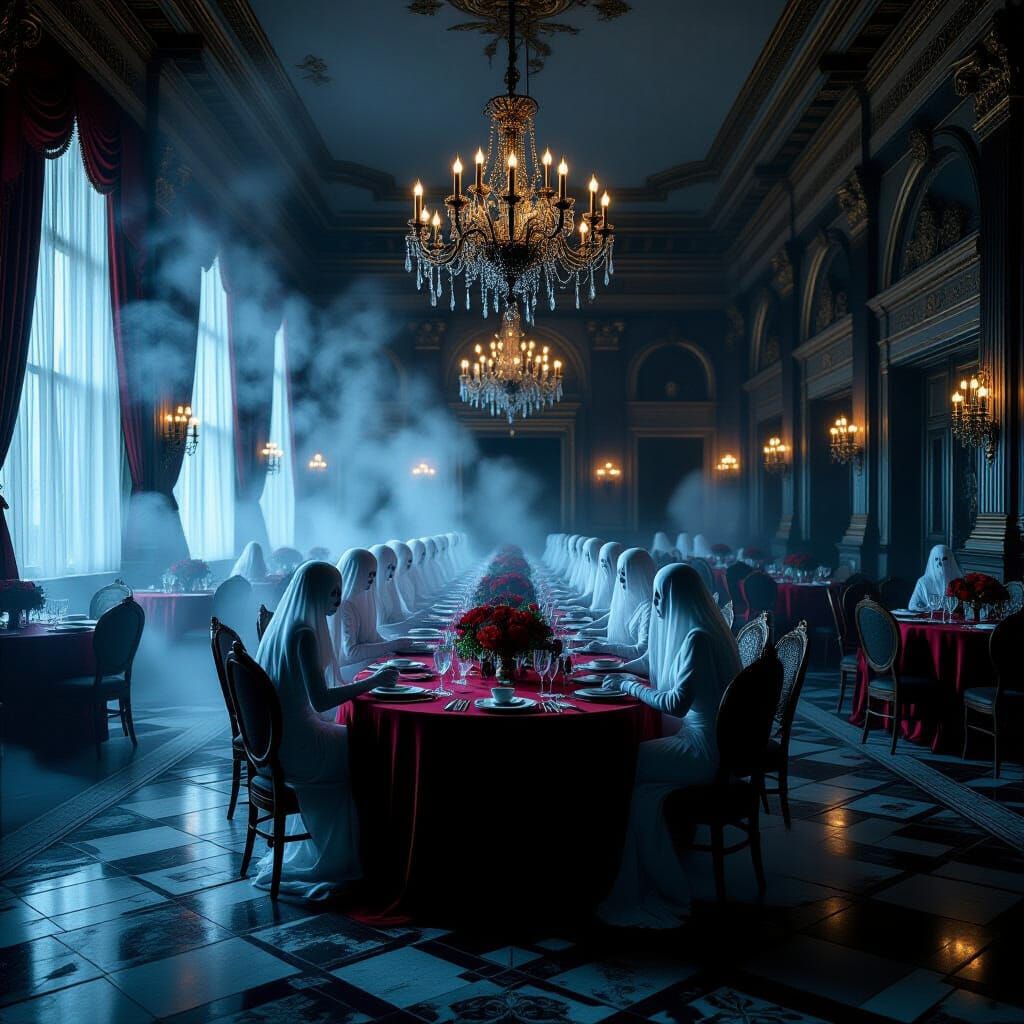 Eerie Victorian Ballroom Haunted Feast in Fog