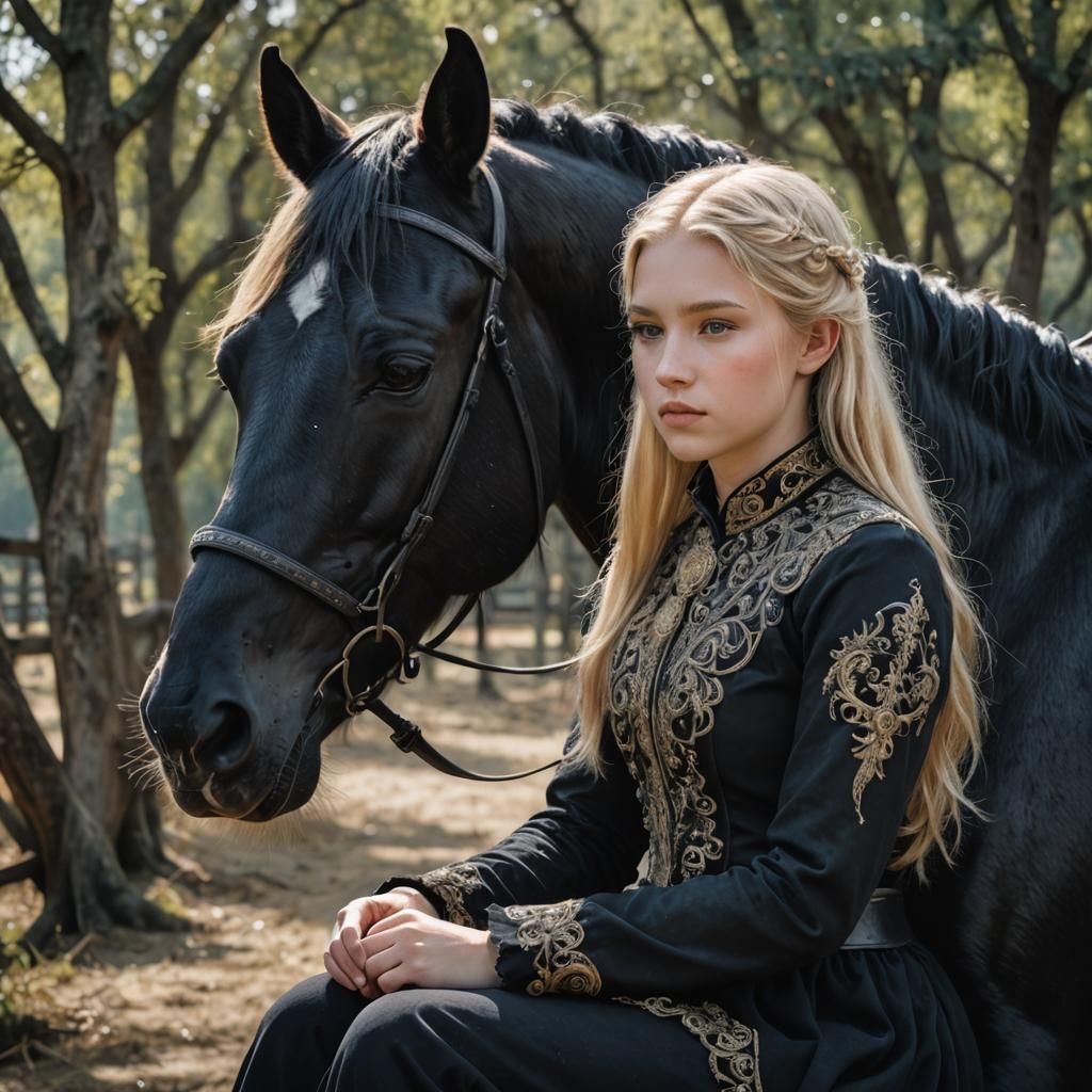 a beautiful 13 yr old girl with blond hair sitting next to a single black horse. mystical extremely detailed