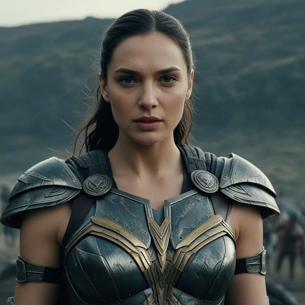 Gal Gadot as a Mythical Warrior in Cinematic Film Still