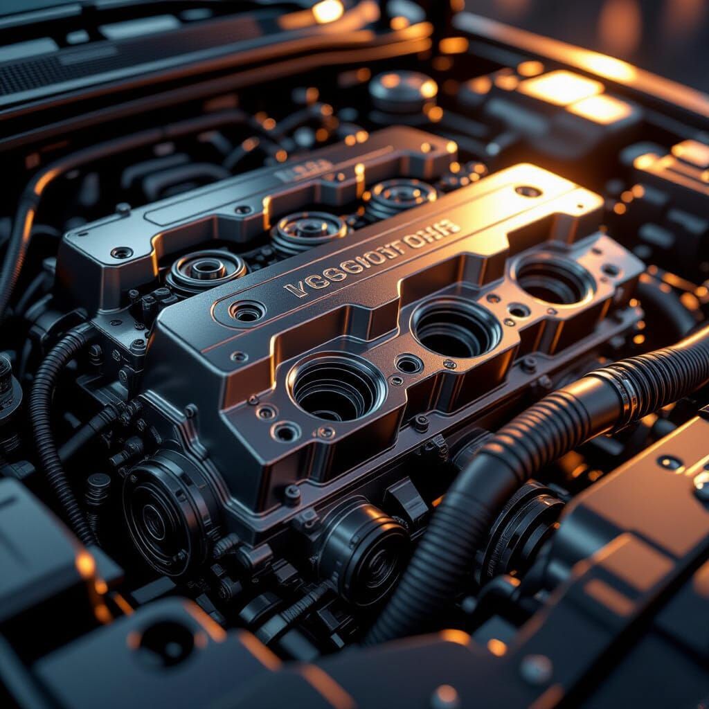 Detailed Car Engine Close-Up with Warm Metallic Textures