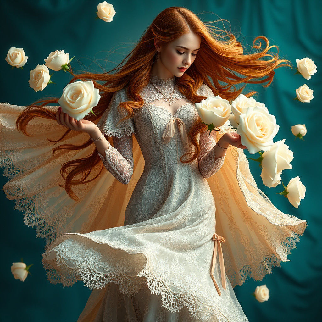 Elegant Victorian Lady in Lavish Gown with White Roses