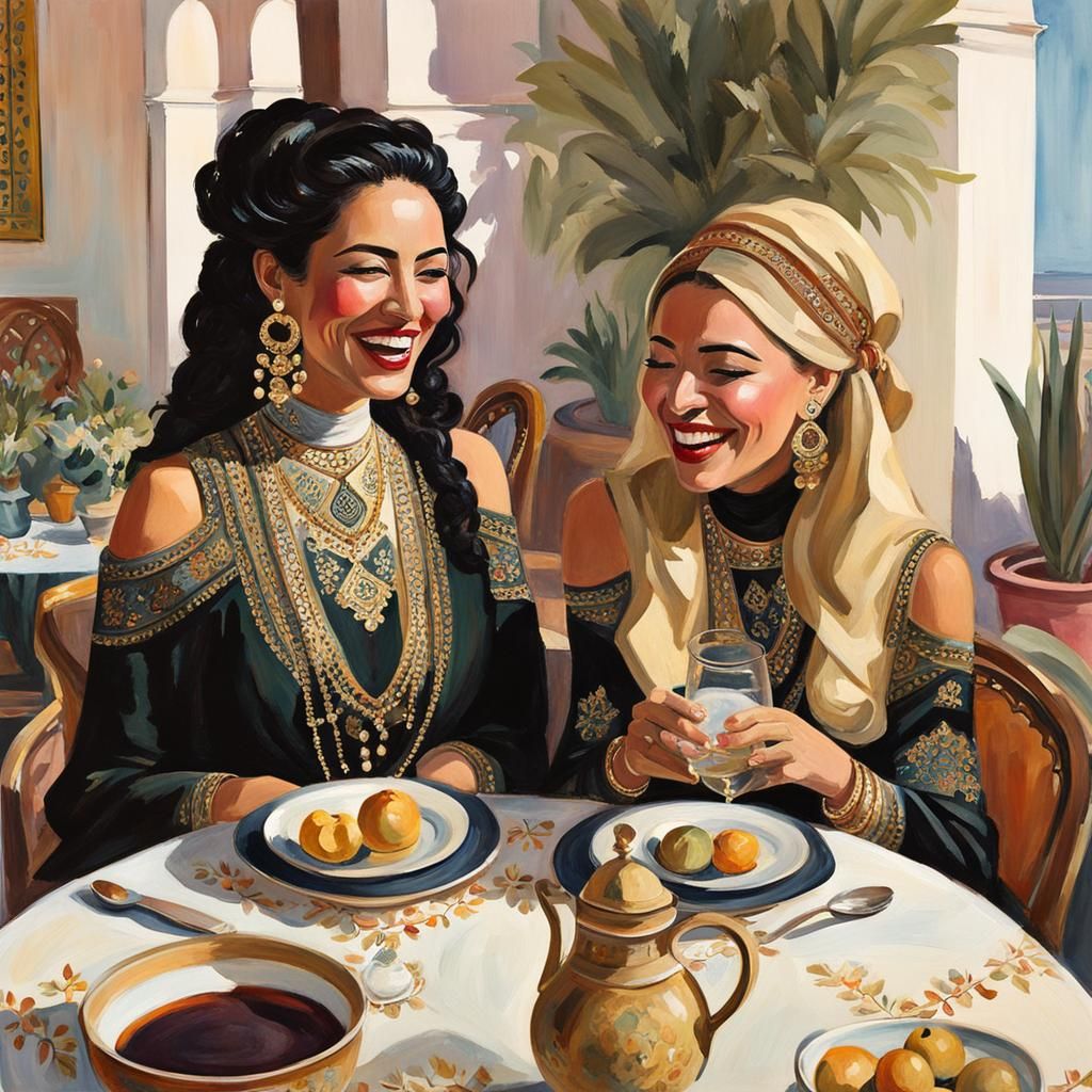 Beautiful Moroccan women laughing drinking Moroccan tea