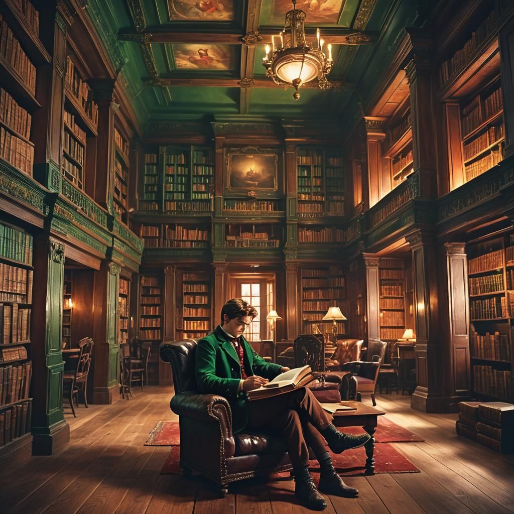 Romantic Library Scene with Reader, Digital Matte Painting