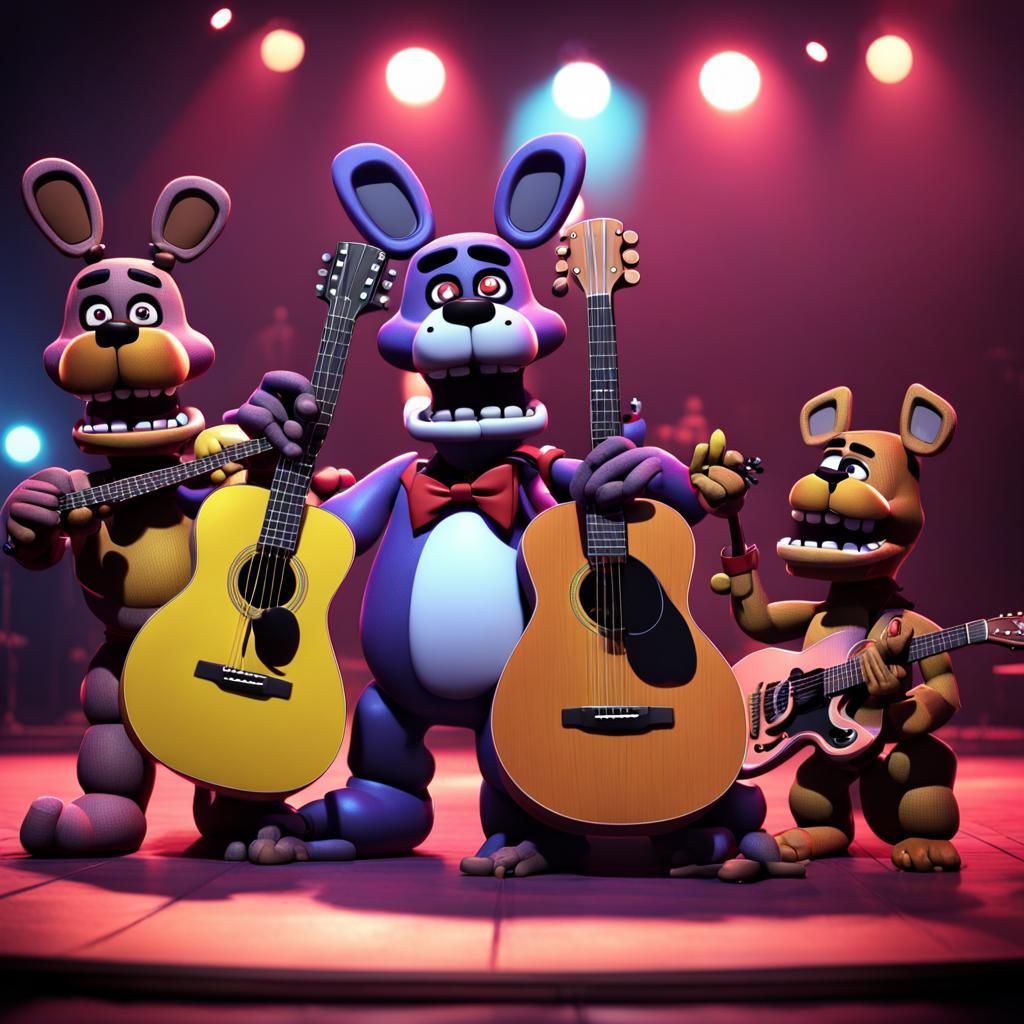 Freddys boobleheads playing guitars on stage