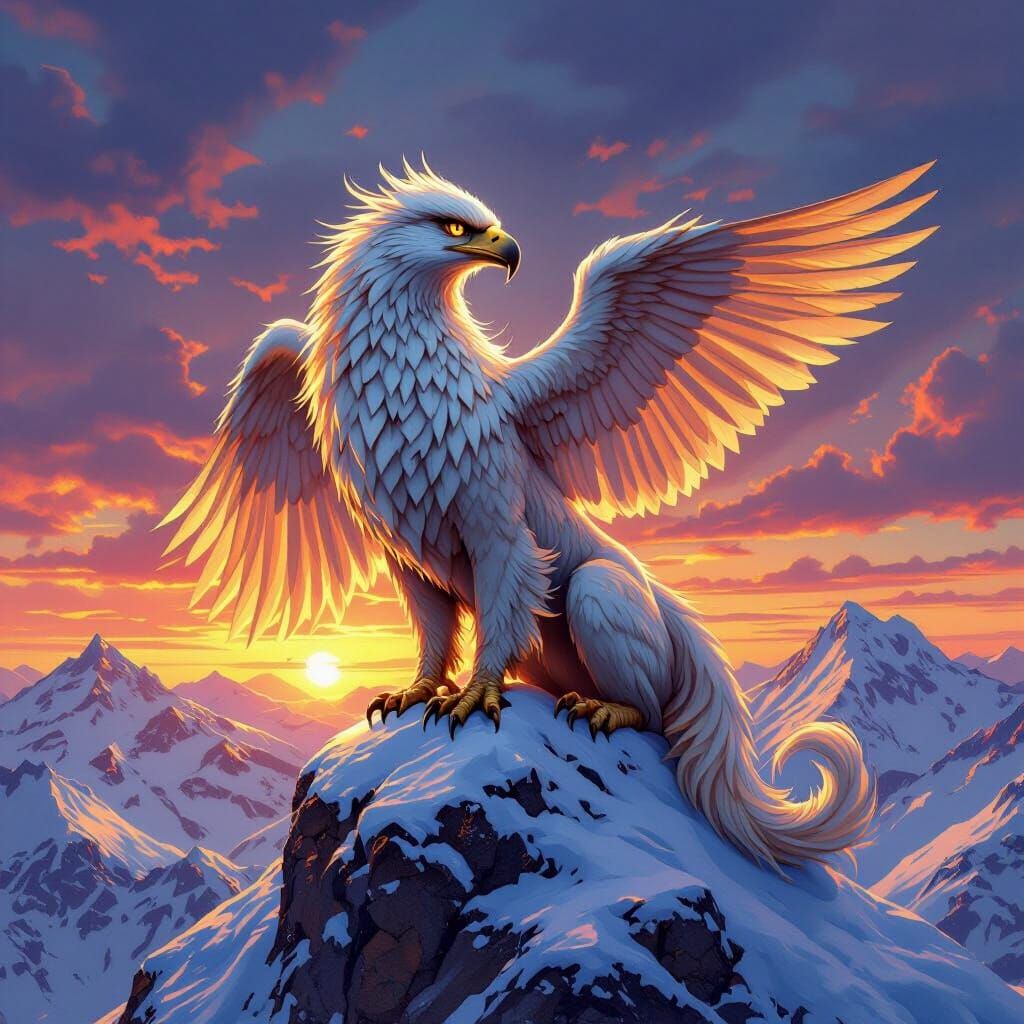 Griffin Perched Atop Snowy Peak in Fantasy Art Style