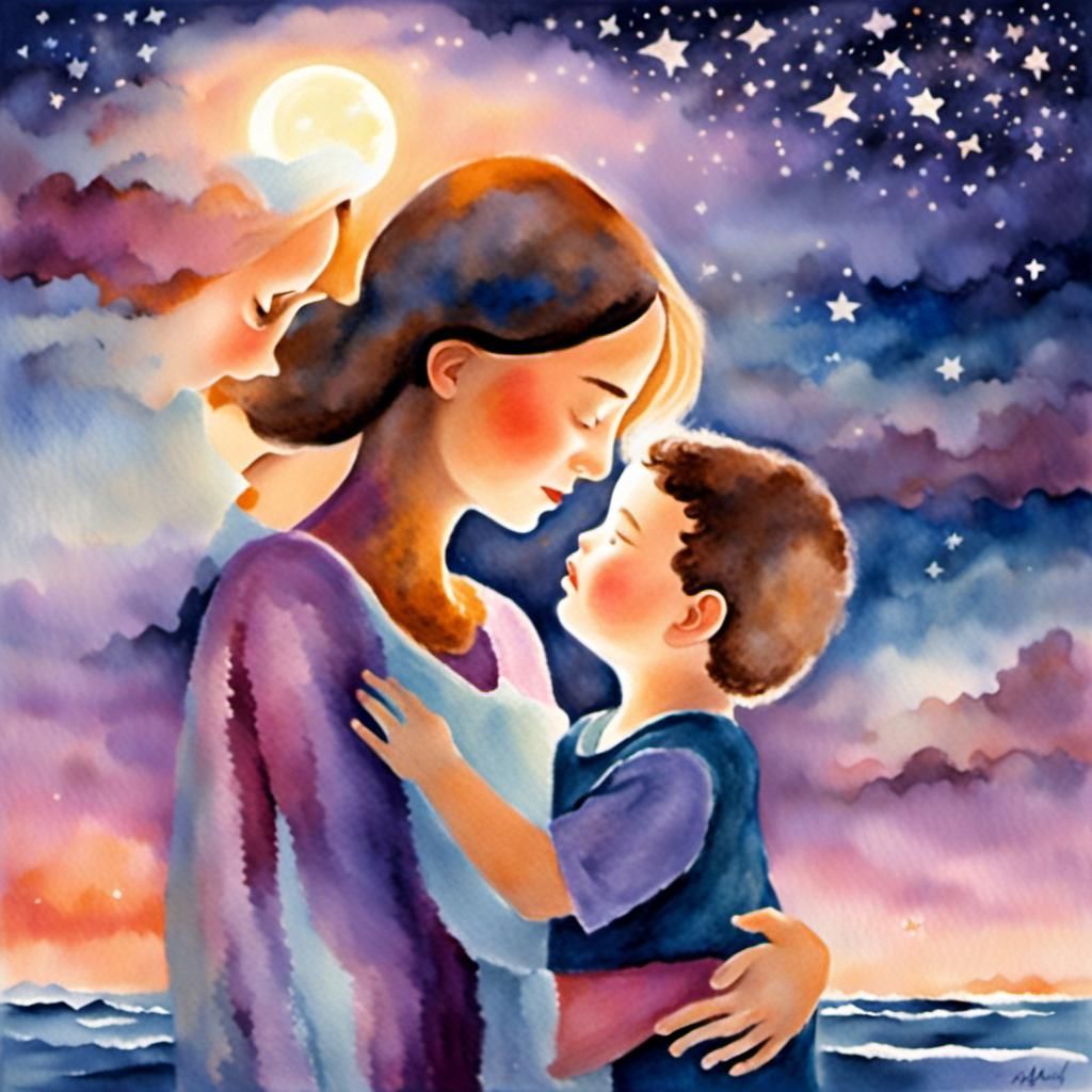Mother and Son Kiss Under Starry Sky Watercolour