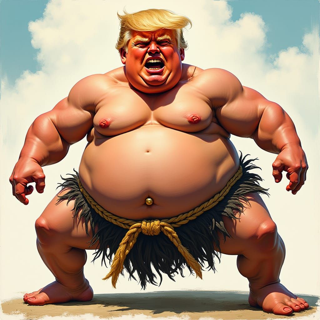 Sumo Wrestler with Trump's Head in Vibrant Colors