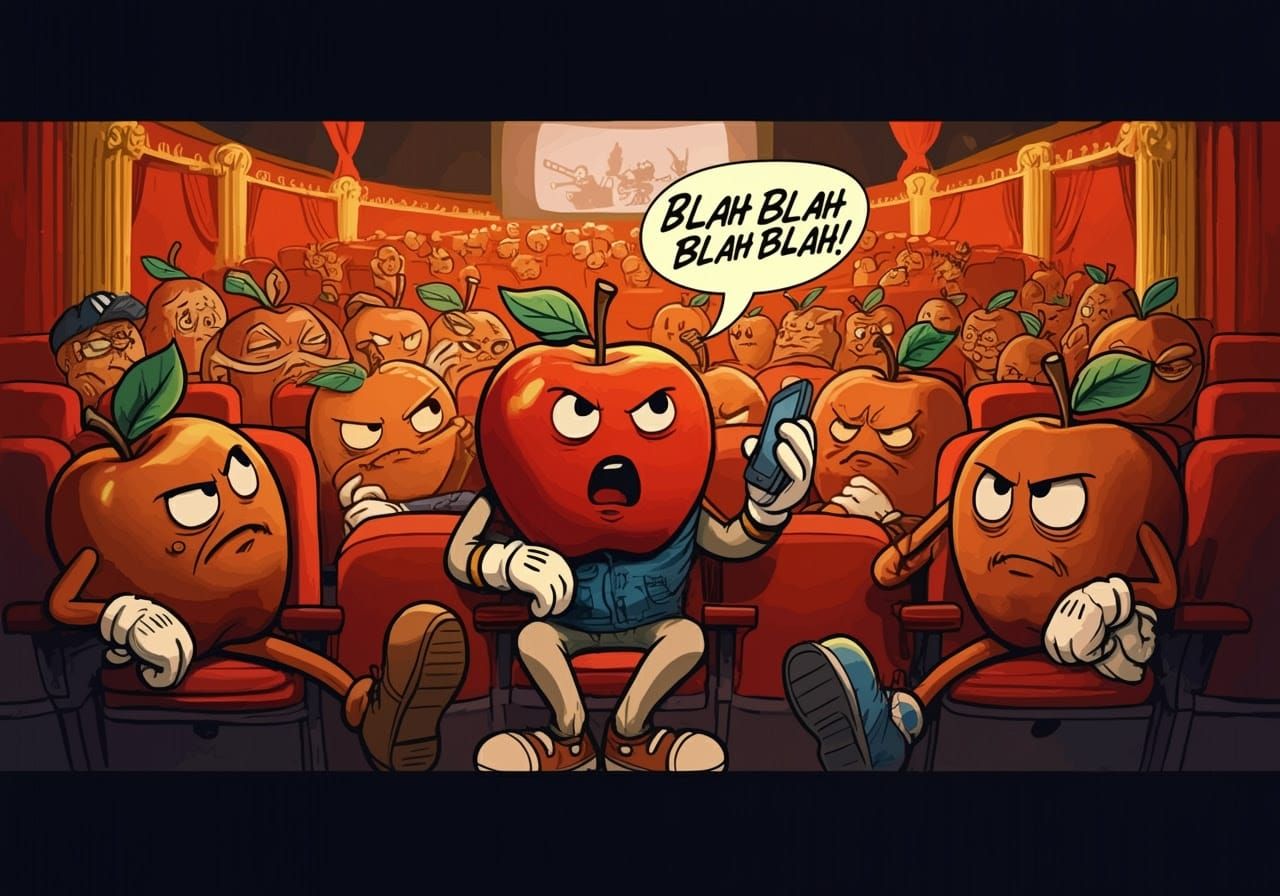 Cartoon Apples Outraged in Vintage-Style Movie Theater