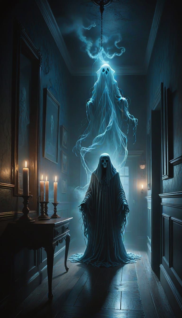 Ghostly Form Drifts Through Dark Mansion