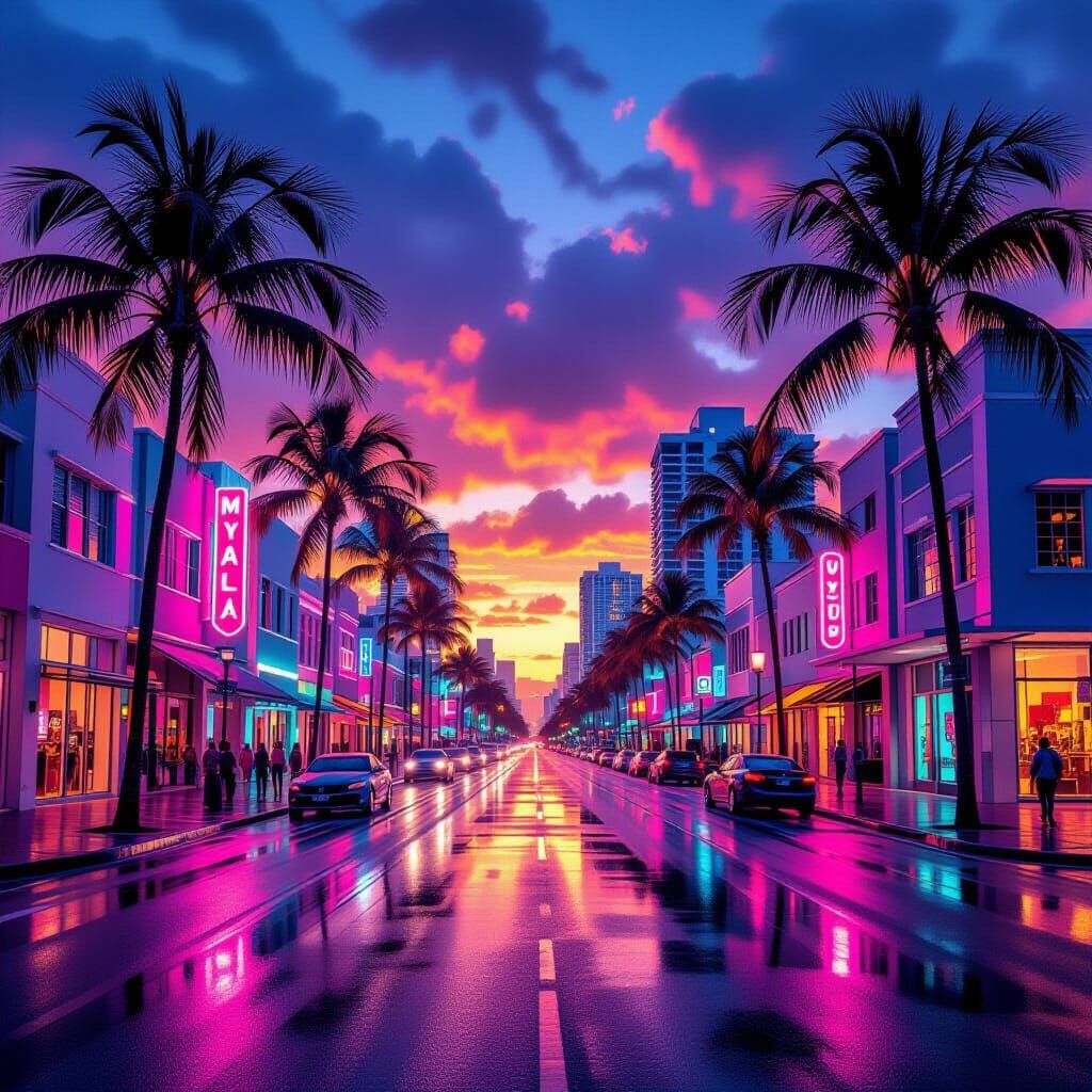 Vibrant Miami Cityscape at Dusk with Neon Lights