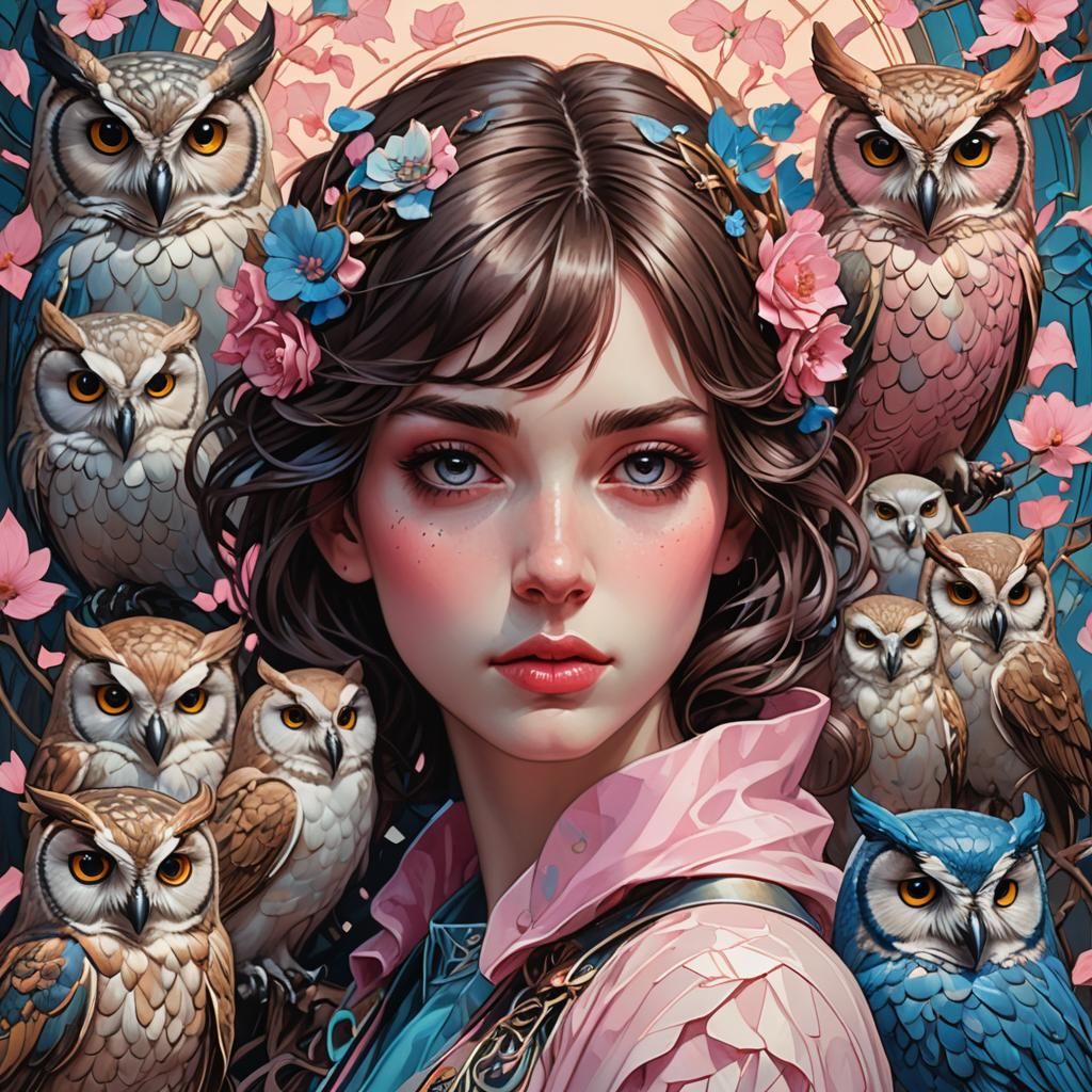 Girl Surrounded by Owls in Art Nouveau Style