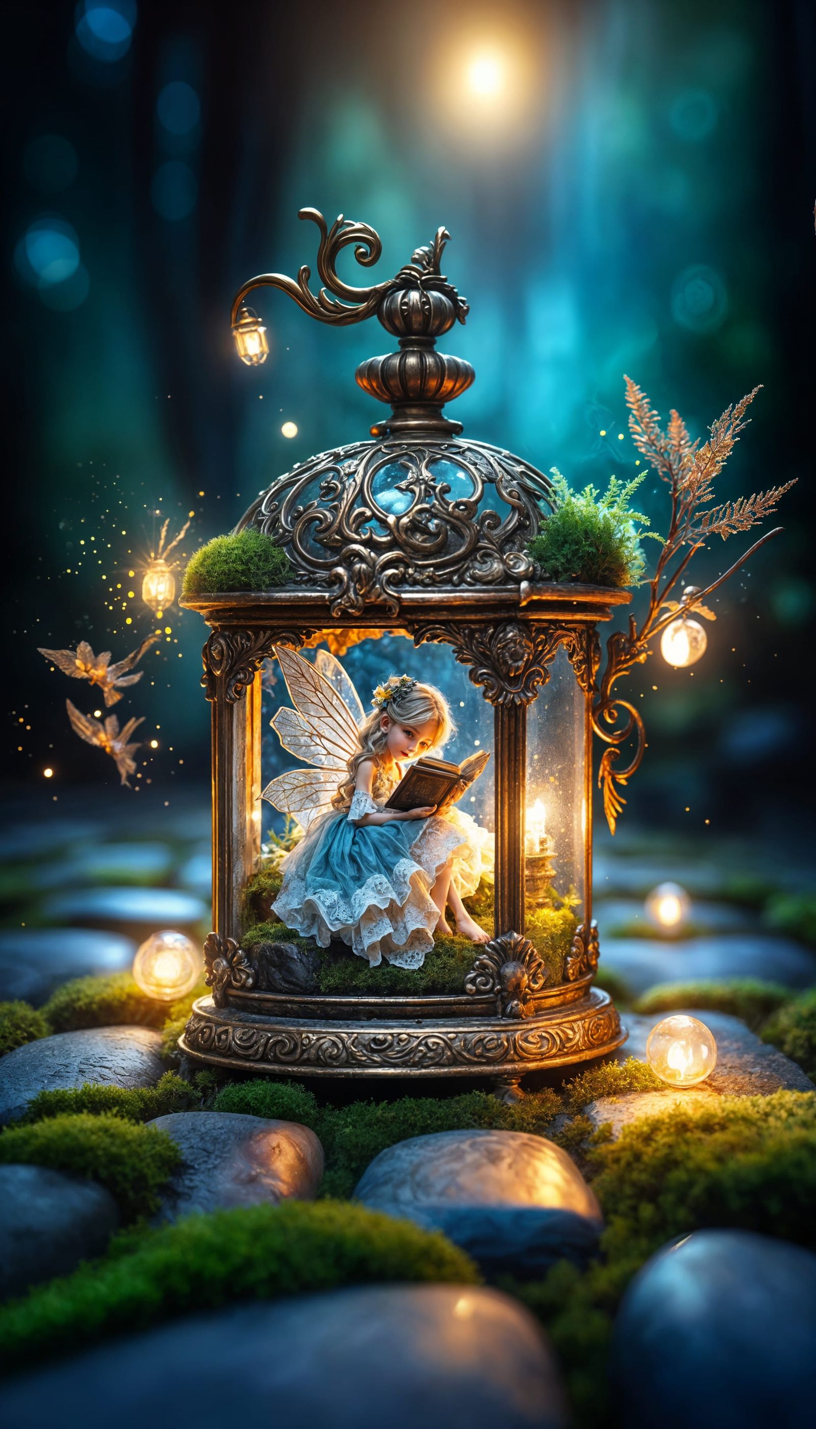 Mystical Night Garden Scene with Baroque Lantern and Reading...