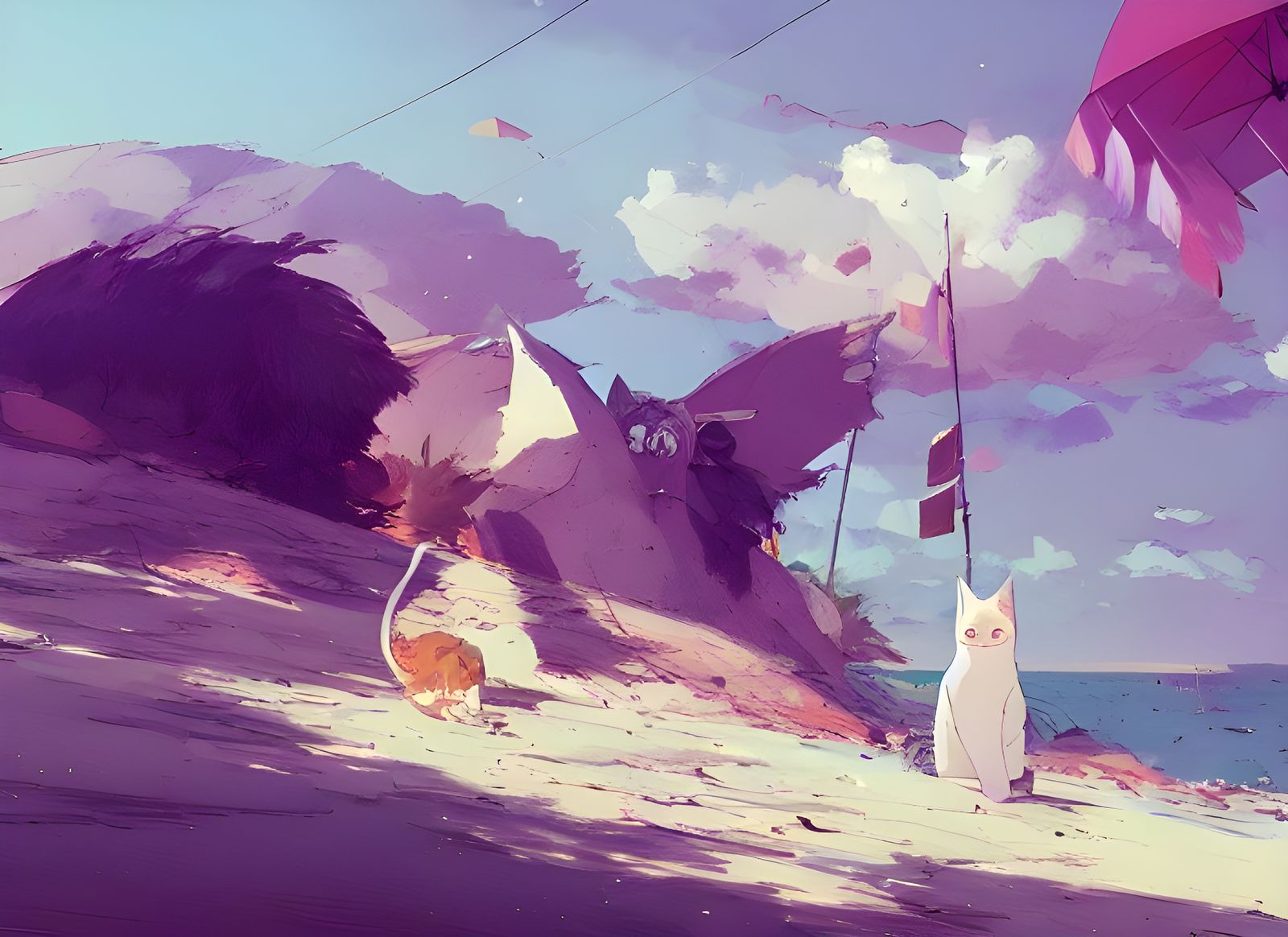 Cat at the Beach in Ghibli Style