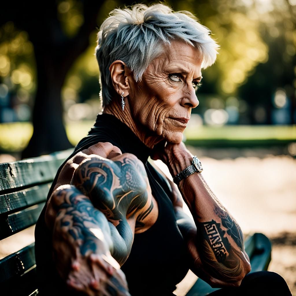 Female Bodybuilder Portrait on Park Bench