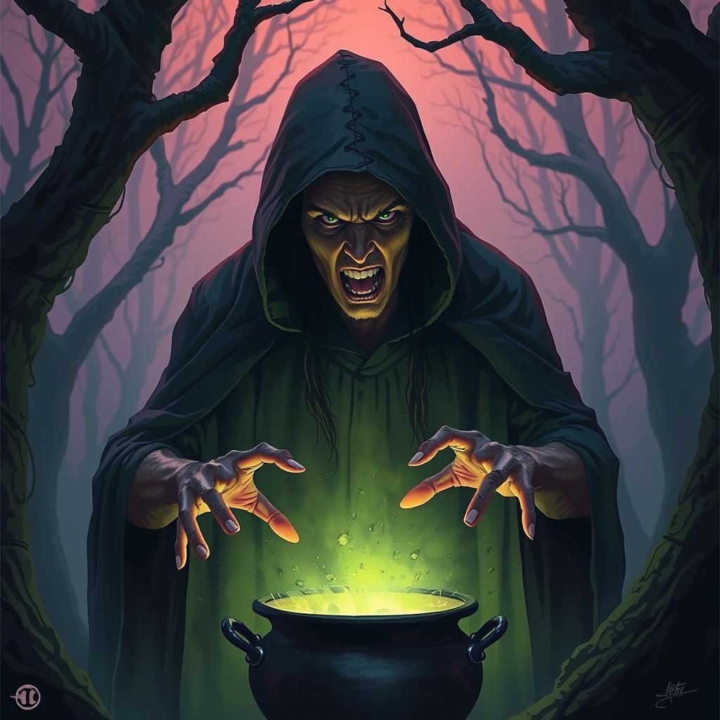 Dark fantasy illustration. Close-up portrait. A wicked witch casting a spell in a dark, misty forest. Dramatic lighting....