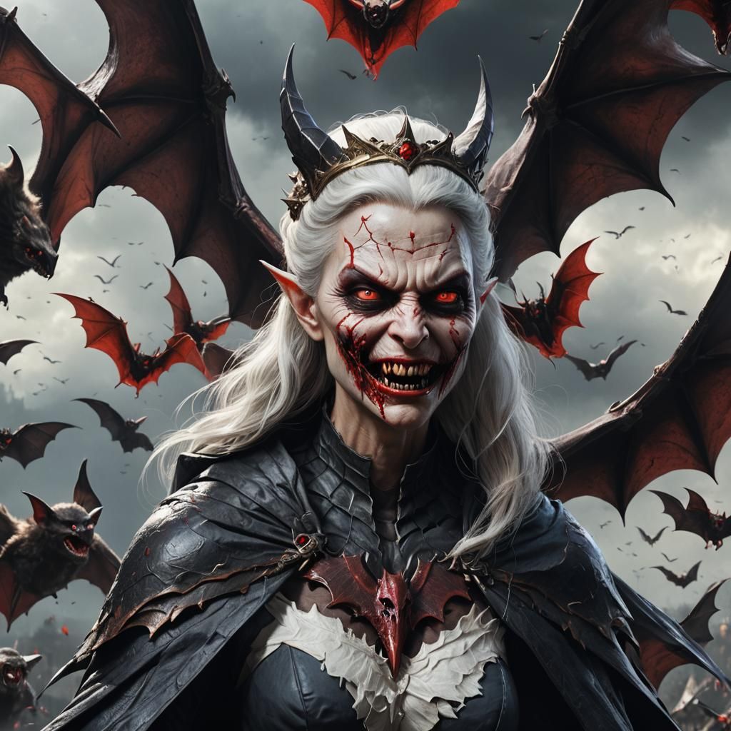 Hyperrealistic Portrait of a Violent Bat Creature Queen