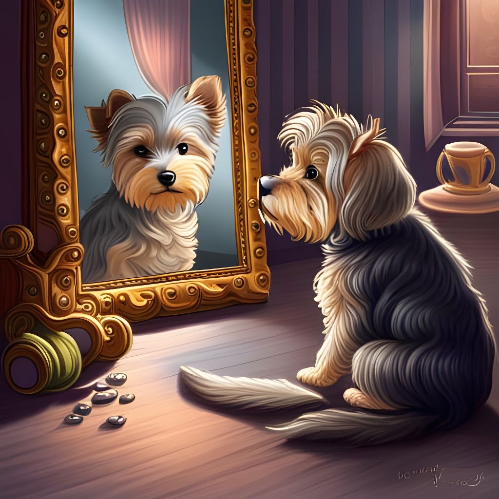 Yorkie Puppy Sees Wolf Reflection