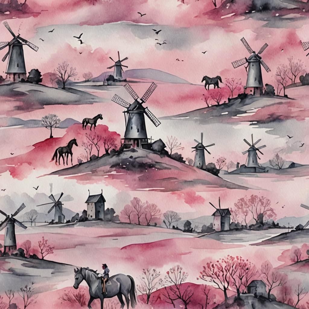 Pink and gray fantasy landscape. windmills and horses. Watercolor art