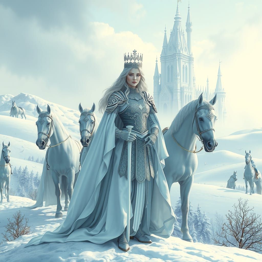 Regal Ice Queen in Frosty Armor, Surrounded by Loyal Knights...