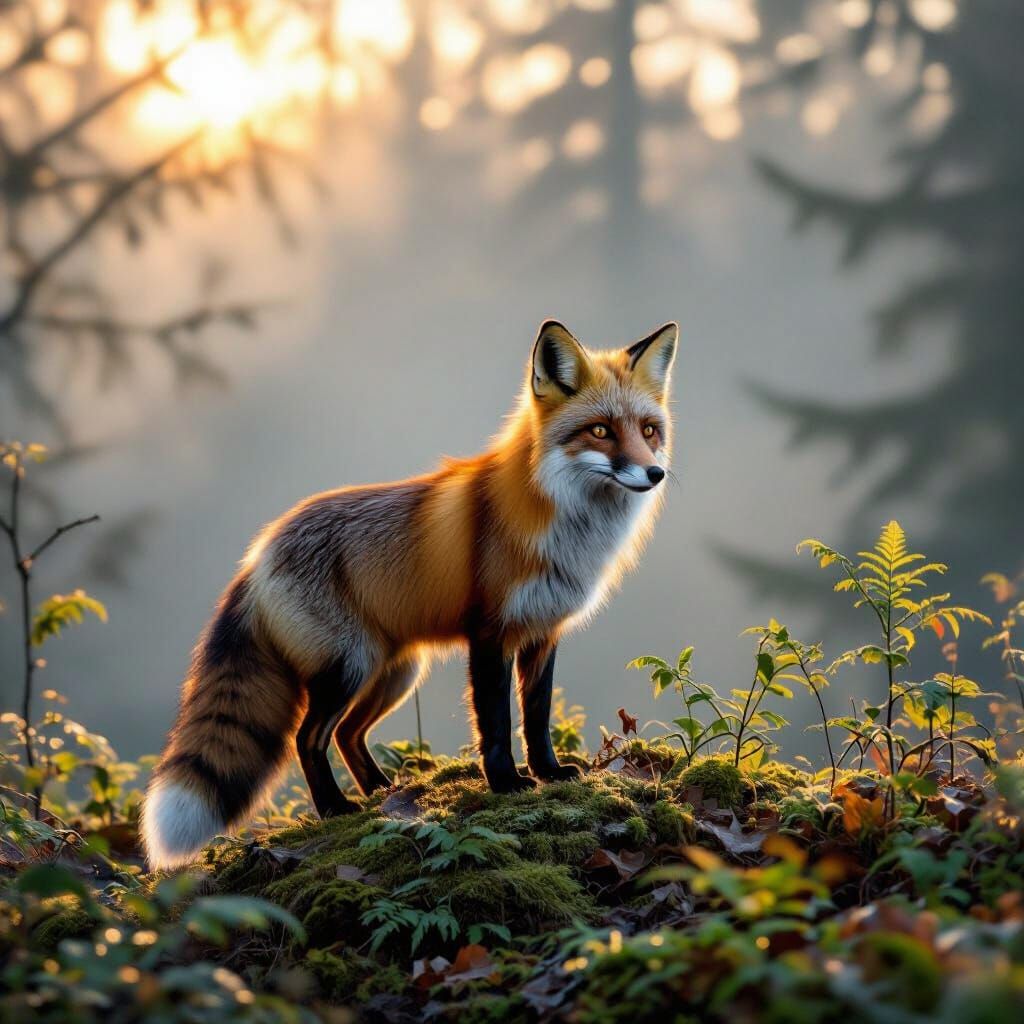 Cross Fox in Golden Mist Dawn Forest