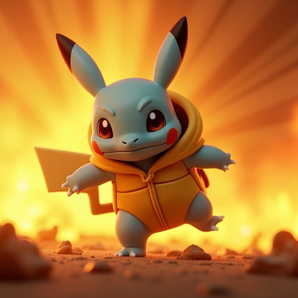 Heroic Squirtle Fights Blaze in Cyberpunk Digital Art