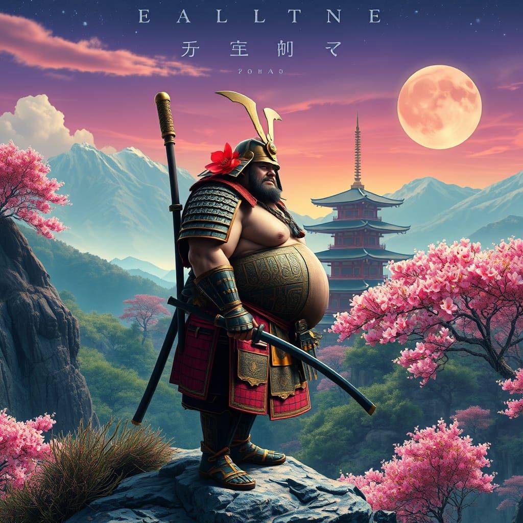 Samurai Overlooking Temple in Psychedelic Style